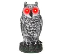 Búho cornudo, búho falso con ojos intermitentes, sonido aterrador y detector de movimiento, señuelo espantapájaros para asustar a los pájaros, control de pájaros para jardín y decoración al aire libre