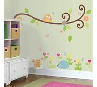 Búho en la rama erizo y ardilla - decoración en la pared. Decoración para la habitación de un niño. Etiqueta de la pared Búho en la rama erizo y ardilla. Mural de pared. Decoración de guardería.