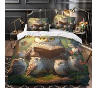 Búho leyendo cuentos Impresión 3D 3 piezas funda de edredón Estilo de arte caprichoso del bosque funda de colchón microfibra morbida antiácaros para bebés adolescentes mujeres Single（140x200cm）