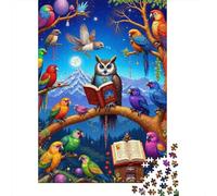 Búho Leyendo Libro Loros Coloridos Puzzle de 1000 Piezas Papel para Adultos Escena Nocturna relajación decoración hogar 52x38cm/1000pcs