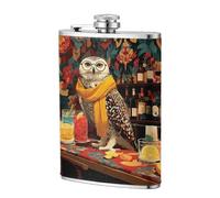 Búho - Petaca vintage con gafas posadas en un carrito de bar, 8 onzas, banderas de acero inoxidable para papá, padrino de boda, viajes, camping