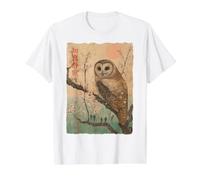 Búho Sabio y Flor de Cerezo árbol japonés Woodblock Arte Camiseta gráfica económica, Hombre, Blanco, M