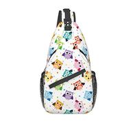 Búhos coloridos Sling Bag Crossbody Hombro Mochila Cute Cartoon Búhos coloridos con fondo punteado de guardería Bolsa de pecho Estampado animal divertido Gimnasio Bolsa de deporte Viaje Senderismo Moc
