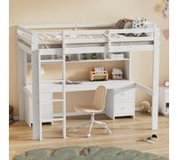 buiesjole 90 x 200 cm, cama para niños, cama superior, mesa inferior, gran espacio de almacenamiento, barandilla alta, escalera estable, color blanco