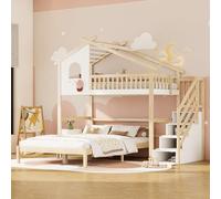 buiesjole Cama alta, 90 x 200 cm, barandilla, escalera de almacenamiento, ventana, listón de casa, cama inferior 140 x 200 cm, blanco + natural