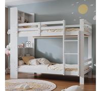buiesjole Litera con estantes y escalera de tres niveles, en ángulo recto, cama de madera, marco de cama de madera maciza, color blanco, 90 x 200 cm
