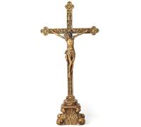 Buildclassic - Crucifijo católico de pie para altar, crucifijo de mesa, decoración inspiradora del hogar, regalo de boda católico, regalos devotos, hecho de resina, acabado de color dorado vintage,