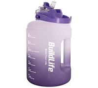 BuildLife Botella de agua deportiva de 2,5 litros, a prueba de fugas, con marca de tiempo, tapa 2 en 1, sin BPA, para gimnasio (morado, 2500 ml)