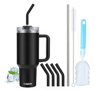 BuildLife Taza térmica para llevar de 40 oz, con pajita y asa, doble pared, aislado de acero inoxidable, a prueba de fugas, sin BPA, apto para lavavajillas (negro, 1200 mililitros)