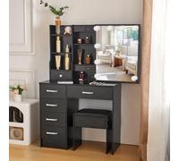 Buildonely Tocador con iluminación LED, 3 temperaturas de color y brillo ajustable, tocador con espejo, 1 taburete, 6 cajones, moderno, negro, 36 x 80 x 131 cm