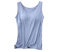 Built In Bra Tank Tops for Women, Built in Comfort Bra Tanktop, Padded Support Wide Strap Camisole (Blue,L)