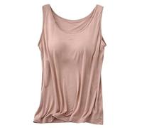 Built In Bra Tank Tops for Women, Built in Comfort Bra Tanktop, Padded Support Wide Strap Camisole (Khaki,XXL)