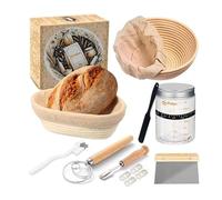 Buithafu Kit para Hacer Pan Masa Madre de 8 Piezas - Incluye 2 cestas de fermentación de ratán (redondas y ovaladas), vaso de 700 ml, batidor, espátula de pan + 4 cuchillas, espátula y accesorios Kit