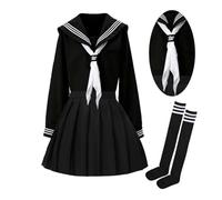 BUITVOZE Uniforme de marinero japonés negro para mujer, camiseta de manga larga de 3 líneas, bufanda, falda y calcetines blancos, traje de cosplay JK, Negro, Asia L