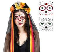 Bukezudang Carnival Headband and Veil Face Tattoo, Women's Dia De Los Muertos, Roses Skull Headband Day of the Dead Hair Accessories Headband Halloween Headpiece Hair Band Halloween Costume Women