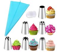 BUKYCAT 8 Piezas Mangas Pasteleras en Silicona, Mangas Pasteleras Kit, 1 Boquillas de Repostería Inoxidable Lavables con 6 Boquillas Diferentes de Acero Inoxidable, 1 Adaptadores