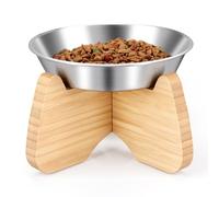 BULANGDE Comedero Gato Elevado Acero Inoxidable Soporte Bambú Madera Antideslizante,Platos Cuencos para Gatos Pequeño Plano Fatiga Bigote Perro para Cat Mascota Bowl Comida Agua Plateado (1 Piezas)
