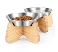 BULANGDE Comedero Gato Elevado Acero Inoxidable Soporte Bambú Madera Antideslizante,Platos Cuencos para Gatos Pequeño Plano Fatiga Bigote Perro para Cat Mascota Bowl Comida Agua Plateado (2 Piezas)