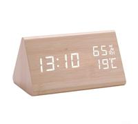 Bulevisiter Reloj despertador digital de madera, Reloj despertador de grano de madera con pantalla LED grande, Monitor de humedad y temperatura de tiempo, Reloj de escritorio de formato de hora dual