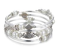 Bulinlin Pulsera enroscable para mujer, piedra de ágata natural, perlas multicapa, plata, pulsera de San Valentín, bisutería de regalo, talla única, Metal Plata Cobre