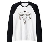 Bull Skull Moon Phases with Boho Feathers Camiseta Manga Raglan