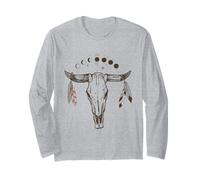 Bull Skull Moon Phases with Boho Feathers Manga Larga