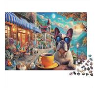 Bulldog 1000Pc Challenging Puzzle French Bulldog with Coffee for Adults Teens & Seniors Brainteasing Game 70x50cm/1000pcs
