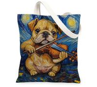 Bulldog - Bolsa de lona para compras, 13 x 15 pulgadas, diseño de estrellas nocturnas, violín, reutilizable, para mujeres, mascotas, cachorros, trabajo, viajes, decoración de regalo