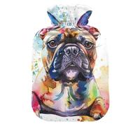 Bulldog - Botella de agua caliente de acuarela con pies de cubierta suave y calentador de cama, bolsa de agua caliente para aliviar el dolor