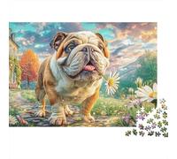 Bulldog en Jardín Sturdy Cardboard DIY Arte de Las Mascotas Daisy Jigsaw Puzzle for Adults Kids Logic Skill Training for Christmas Anniversary Puzzle Fans 52x38cm/1000pcs