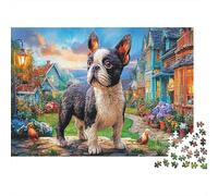 Bulldog francés Blanco Negro con Aves de jardín Puzzle 1000 Piezas - Adultos, Regalo, Juego Familiar, Mascotas Rompecabezas, Decoración del Hogar 52x38cm/1000pcs