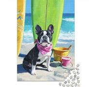 Bulldog Francés Escena de Playa Puzzle de 1000 Piezas Papel Puzzle para Adultos Relajación Costera Concentración Diversión Hogar Regalo 70x50cm/1000pcs