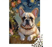 Bulldog Francés Estrellas Flores Puzzle 1000 Piezas Impresión De Alta Definición, Puzzle De Madera, para Adultos Y Niños, Rompecabezas Juego Educativo, Pasatiempo Creativo 1000pcs (75x50cm)