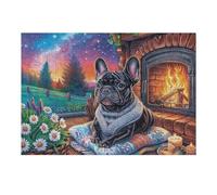 Bulldog francés Frente a Chimenea de Navidad Puzzle 300 Piezas Obra De Arte Premium Rompecabezas Familiar para Adultos Aliviar Estrés Decoración Hogar Moderno 300 PCS