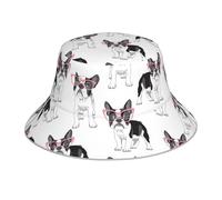 Bulldog francés Negro de Dibujos Animados con Gafas Rosas y Perro Blanco,Sombrero Tipo Pescador para Adultos, Sombrero de Sol Reflectante para Correr de Noche, Gorra de Pescador