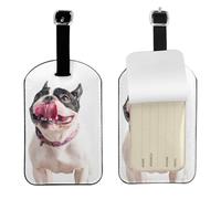Bulldog francés, perro curioso y feliz,Etiquetas de equipaje de cuero sintético con nombre, etiquetas de viaje duraderas, 2 unidades