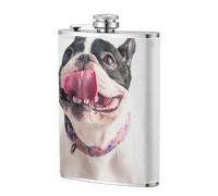 Bulldog francés, perro curioso y feliz,Frasco de acero inoxidable 304 de 8 oz con funda de cuero sintético, frasco de bolsillo para licor plano para exteriores