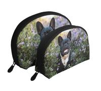 Bulldog Francés Se Encuentra En Diseño De Flores, Bolsa de Maquillaje de Concha, Monedero pequeño para Mujer, Bolsa de artículos de tocador, Bolsa de cosméticos, 2 Piezas