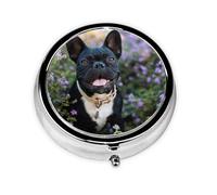 Bulldog Francés Se Encuentra En Diseño De Flores, Pastillero, Pastillero redondo Pequeño contenedor de pastillas Organizador de pastillas de viaje