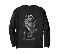 Bulldog Inglés Jugando Saxofón Jazz Música Amante de los Manga Larga