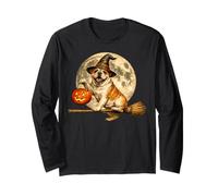 Bulldog Inglés Perro Bruja Sombrero Jack O Lantern Moon Escoba Manga Larga