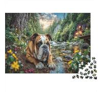 Bulldog Junto al Arroyo Rompecabezas Premium de cartón Bulldog Junto al Arroyo con Flores Amarillas, Entrenamiento Cerebral y decoración del hogar 52x38cm/1000 Piezas