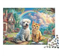 Bulldog y Gato 1000pcs Thick Cardboard Decoración de Arco Iris de Pareja de Mascotas Jigsaw Puzzle Adults Challenging Relaxation Home Decoration for Anniversary Holiday 70x50cm/1000pcs