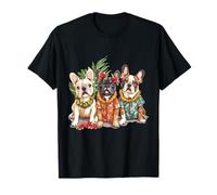 Bulldogs franceses hawaianos flores tropicales Lei lindos perros divertidos Camiseta