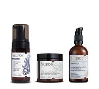 Bullfrog | Kit de cuidado facial y de barba para hombre | Espuma limpiadora antipolución, Pasta exfoliante limpiadora de barba, Bálsamo multifunción Agnóstico Original | Limpia, Exfolia, Hidrata