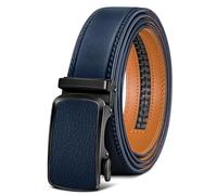 BULLIANT Cinturones Hombre, Cinturón Hombre Cuero Hebilla Trinquete Automática,35MM,Tamaño Ajustable para Pantalones Traje Vestir(Azul Marino,150cm/44-52" Cintura ajuste)