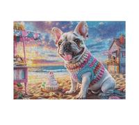 BullPerro francés en la Playa Rompecabezas 300 Piezas Cartón para Niños Mayores 14 Años Noches De Cita Antiestrés Pack Completo Detalle Único Original 300 PCS/40x28cm