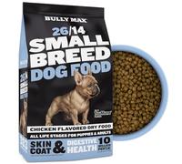 Bully Max Alimento seco para perros de raza pequeña 26/14 para piel, pelaje y estómago sensible, pollo y arroz, bocados secos y suaves para cachorros, adultos y perros mayores, alimento natural para