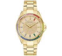 Bulova Crystal Phantom - Reloj de 3 manecillas de acero inoxidable en tono dorado, bisel de cristal arcoíris y esfera dorada con centro pavé, estilo: 97A179