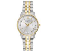 Bulova Reloj clsico de cuarzo con fecha y calendario de 3 manecillas y acero inoxidable dorado en dos tonos con diamantes para mujer, esfera pla